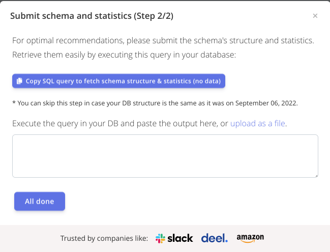 EverSQL Upload database metadata dialog