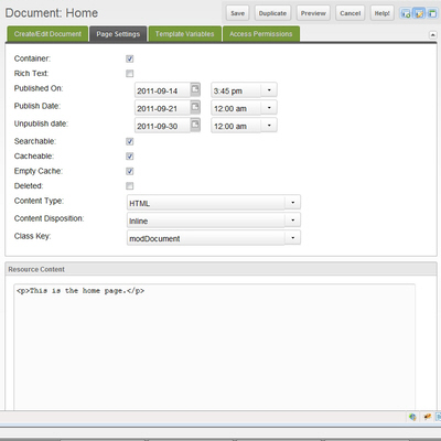 MODX Create-Edit Resource Panel (Page Settings tab)